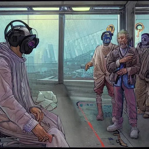 Image similar to Hosea the Beggar priest with cybernetic headset in a busy spaceport on Poseidon 5 colony. Gritty Concept art by James Gurney and Mœbius.