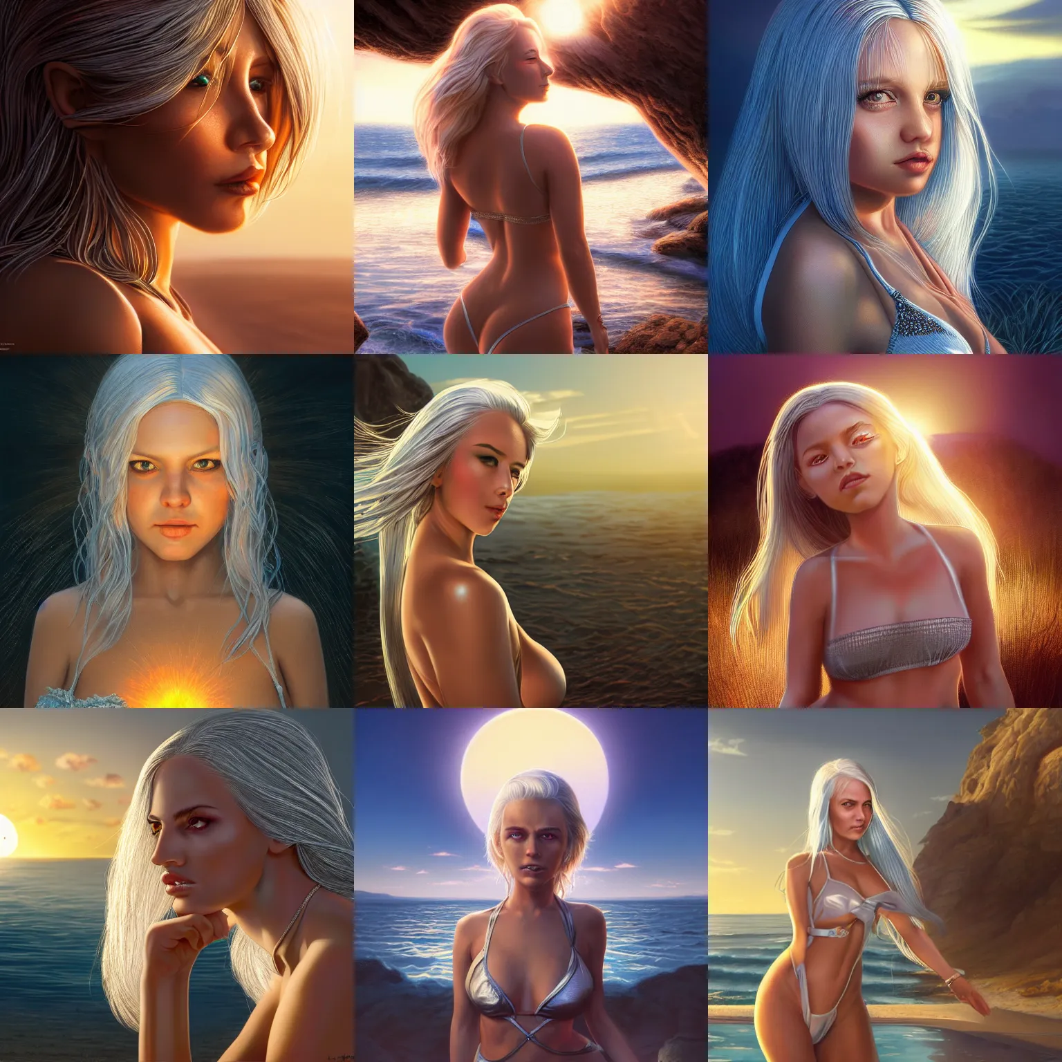 Prompt: a highly detailed image of a silver haired girl wearing a bikini in the sunset, refracted lighting, sunset, backlit, unreal engine, greg rutkowski, nicoletta ceccoli, mark ryden, earl norem, lostfish, very detailed and beautiful face, wlop, 8 k resolution