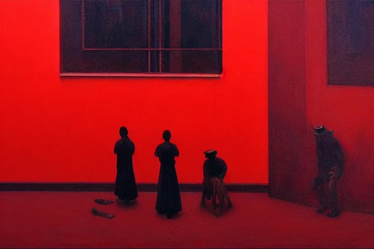 Image similar to only with red, crowd delirious at the sight of a painting, in a city square, in the style of beksinski, parts by edward hopper, parts by rodcenko, parts by yue minjun, intricate and epic composition, red by caravaggio, insanely quality, highly detailed, masterpiece, red light, artstation, 4 k