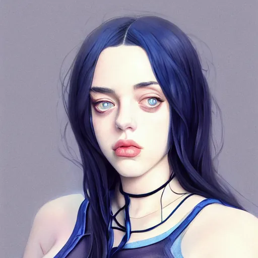 Image similar to a beautiful billie eilish kat dennings alluring gravure model in elaborate latex tank top, by guweiz and wlop and ilya kuvshinov and artgerm and makoto shinkai and studio ghibli, symmetrical eyes, aesthetic, gorgeous, stunning, alluring, attractive, artstation, deviantart, pinterest, digital art