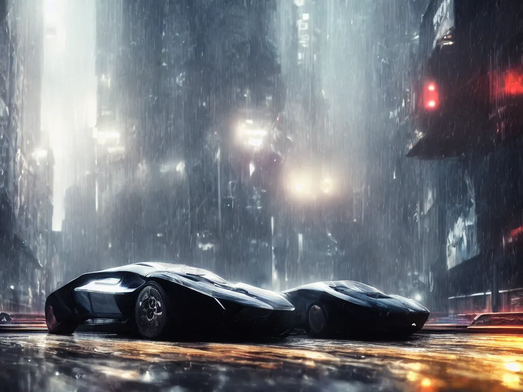 Prompt: Futuristic supercar on wet city streets, mist, volumetric lighting, octane, cyberpunk