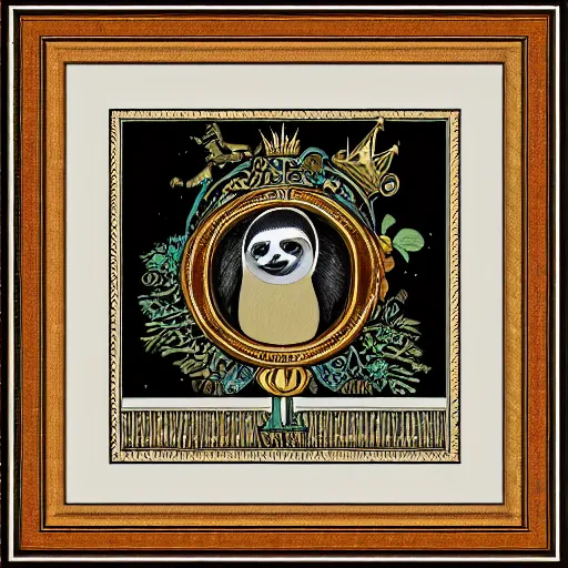 Prompt: sloth as the king of cups, framed, intricate details