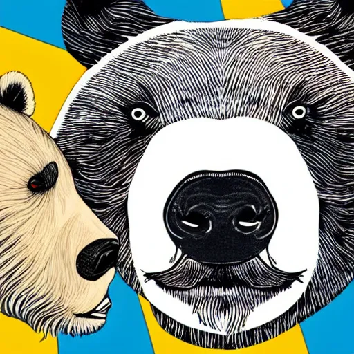 Prompt: pop art headshots of a grizzly bear and a panda bear kissing.