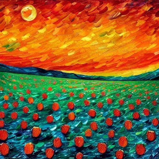 Prompt: a strawberry moon in the night sky over a field of strawberries, inspired by vincent van gogh, leonid afremov, okuda san miguel, pinks, oranges, reds post - impressionism 3 d - like