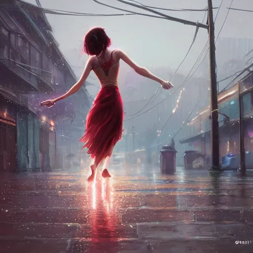 Image similar to highly detailed a woman dancing in the rain, in gta v, stephen bliss, unreal engine, fantasy art by greg rutkowski, loish, rhads, ferdinand knab, makoto shinkai and lois van baarle, ilya kuvshinov, rossdraws, tom bagshaw, global illumination, radiant light, detailed and intricate environment