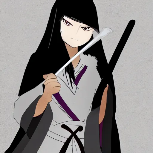 Prompt: a woman with a black robe holding a katana in her hand, illustration, trending on artstation, smooth, digital art by tite kubo