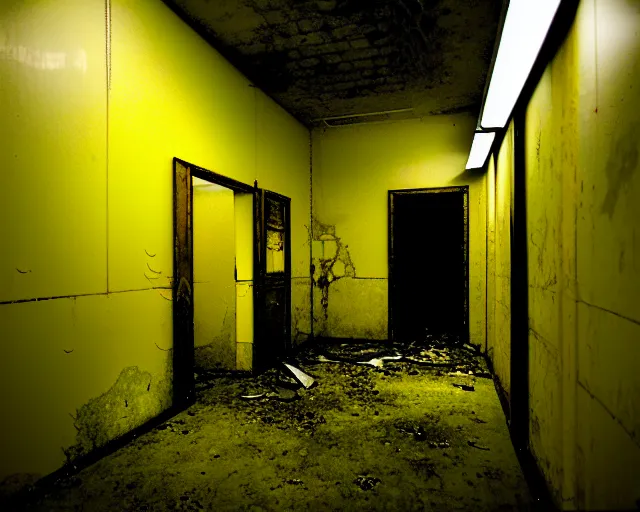 Image similar to the backrooms, the eerie forlorn atmosphere of a place that's usually bustling with people but is now abandoned and quiet, walls with tone of yellow, buzzing fluorescent lights above the ceiling, unsettling images, liminal space, dark