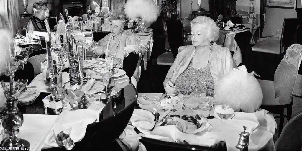 Image similar to detailed sharp photograph in the style of popular science circa 1 9 5 5 and gregory crewdson of a 1 9 5 0 s close up of an elderly woman wearing a mink stole and pearls with a white bouffant hairdo sitting at a banquet table looking into a 1 5 0 mm lens