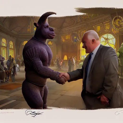 Prompt: Senator Armstrong Shakes hands with Shrek, intricate, stunning, highly detailed, digital painting, artstation, concept art, smooth, sharp, focus, illustration, art by artgerm and greg rutkowski and alphonse mucha