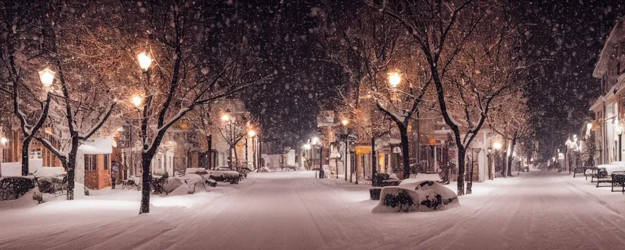 Prompt: street covered in snow in a quaint little town, night time, snow fall, christmas time, lights, cinematic