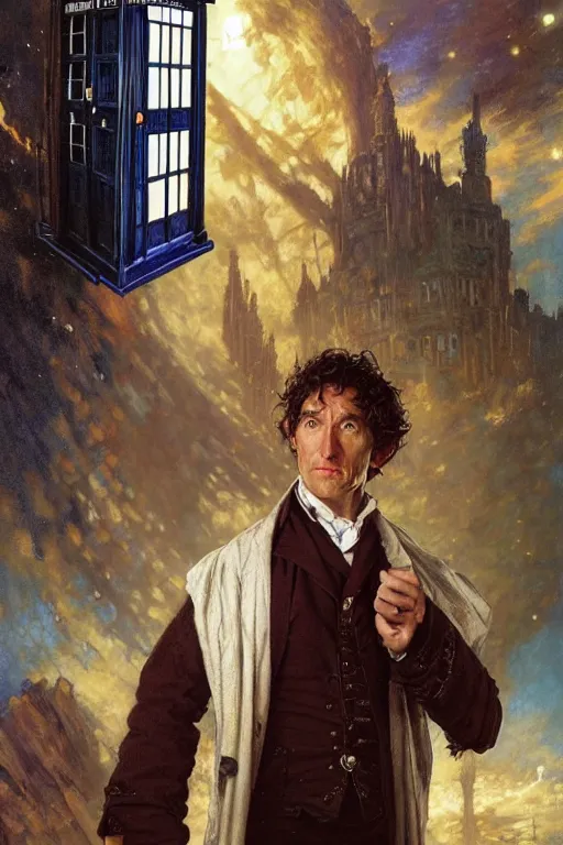 Image similar to The Eighth Doctor standing next to the TARDIS, portrait by Stanley Artgerm Lau, greg rutkowski, thomas kindkade, alphonse mucha, loish, norman Rockwell