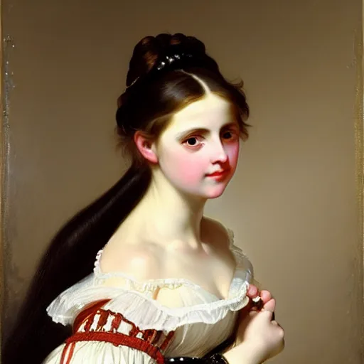 Image similar to portrait of a german teenage princess, circa 1 8 5 0 by franz xaver winterhalter, highly detailed, beautiful, oil on canvas, 1 8 5 0 s, romanticism