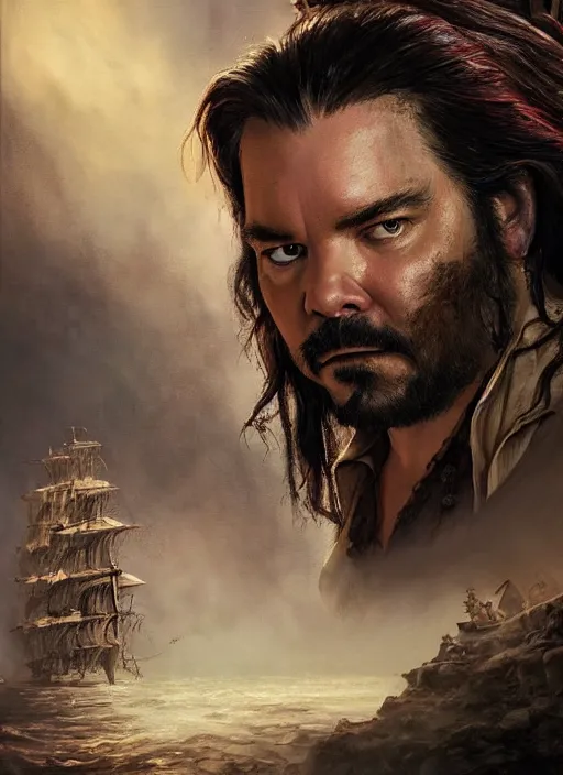 Prompt: a beautiful painting portrait movie poster of Matt Berry in Pirates of the Carribean 6, matte painting, fantasy art, dark but detailed digital art, highly detailed, a masterpiece trending on artstation. Matt Berry as a messy pirate and layabout in this HD preview poster