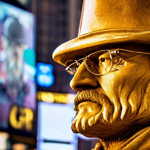 Image similar to a photograph of a very detailed renaissance sculpture of walter white in a hat standing in times square, made by michelangelo, from the distance, hyper detailed, sharp focus, 8 k resolution, ray tracing