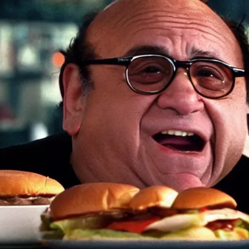 Prompt: Danny DeVito punches a Hamburger, cinematic, bloom