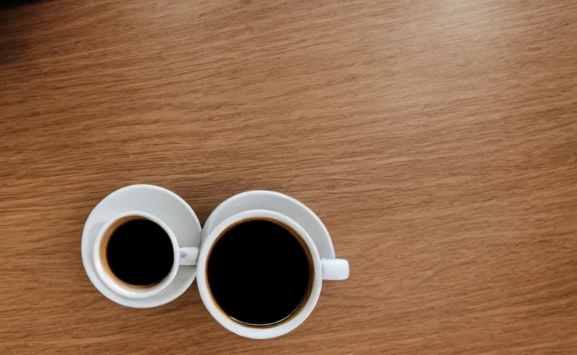 Image similar to top view of a wooden table with a cup of coffee, natural light, cinematic lighting, 8 k