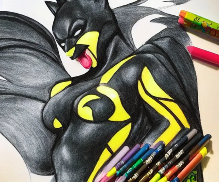 Prompt: “ extremely beautiful black female fox marble statue dressed as batman with crayola crayons in her mouth, photorealistic ”