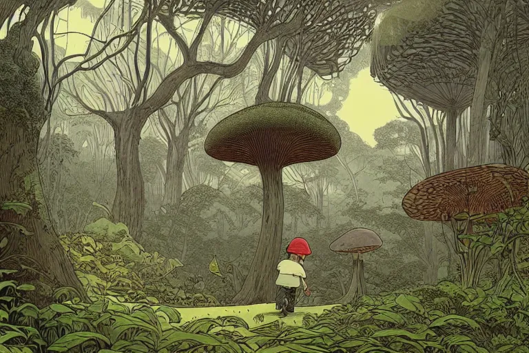 Image similar to down view of a young boy with a hat on a large open path entering a vast fantasy forest with a distant clearing, giant mushrooms, large white paradise birds and fireflies flying, exotic vegetation, large rocks with thick moss, huge suspended wooden bridge, very graphic illustration by moebius and victo ngai, color comics style, dynamic lighting, early morning mood