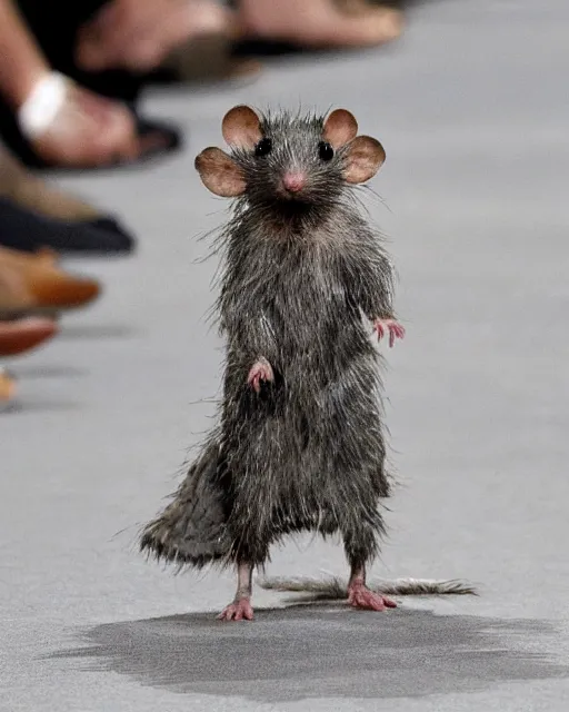 Prompt: a tiny dirty rat is the protagonist of the latest haute - couture milan fashion show