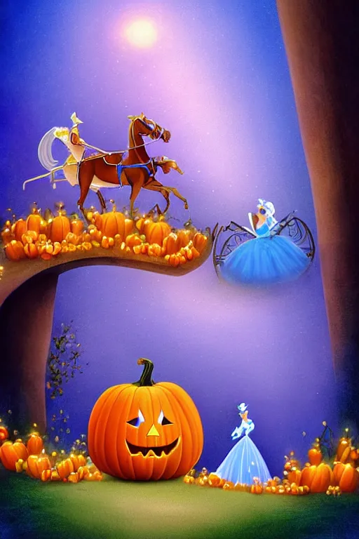 Prompt: beautiful mystical digital painting cinderella and prince charming and horse drawn pumpkin carriage pixar style