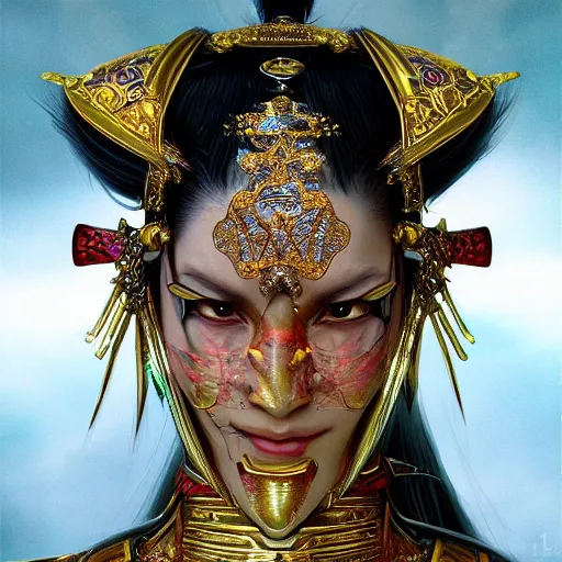 Image similar to a samurai wearing with golden ornaments and diamonds jewelry by alex gray and android jones, karol bak, ayami kojima, amano, concept art, character design, fantasy, 3 d, 8 k resolution