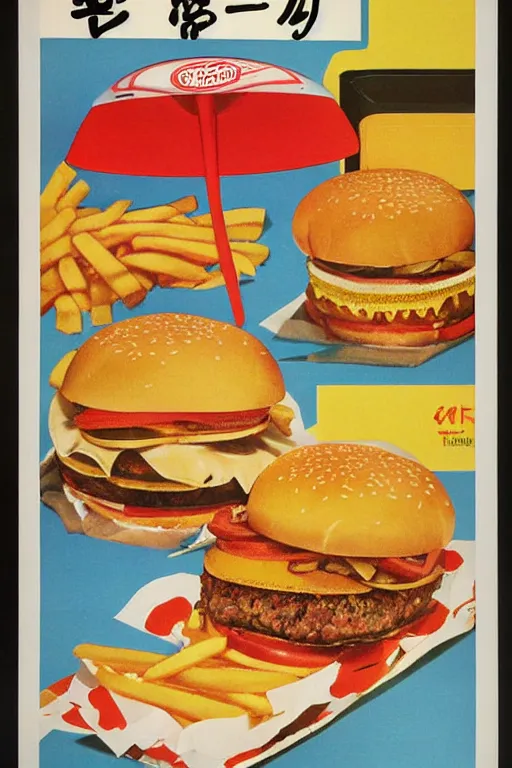 Image similar to burger and fries advertisment, still life, 1 9 7 0 s japan shouwa advertisement, print, nostalgic
