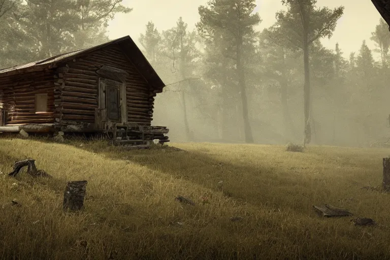 Prompt: cabin in the evil dead ( 1 9 8 1 ), very detailed, octane render, realistic, 8 k, unreal engine 5, dramatic, volumetric, night, dead trees, graves, greg rutkowski