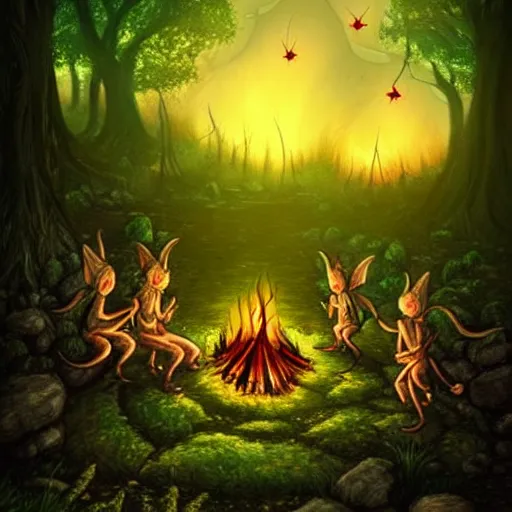 Image similar to goblins, imps, fairies and fireflies in a fantasy world, forest clearing with a campfire at night, epic fantasy style art