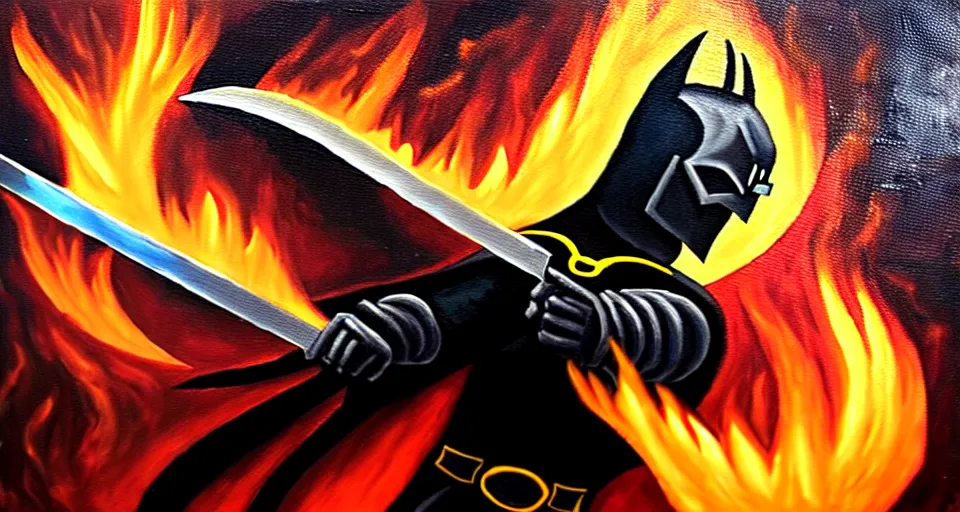 Image similar to An oil painting of a dark knight wielding a flaming sword