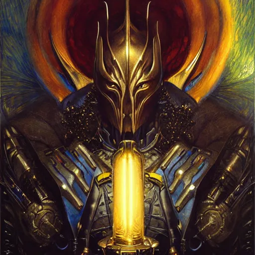 Image similar to portrait of sauron from xmen. shadowrun furaffiniy cyberpunk fantasy highly detailed painting by gaston bussiere craig mullins jc leyendecker gustav klimt artgerm greg rutkowski john berkey, bergey, craig mullins, ruan jia, raymond swanland, jeremy mann, tom lovell, alex malveda