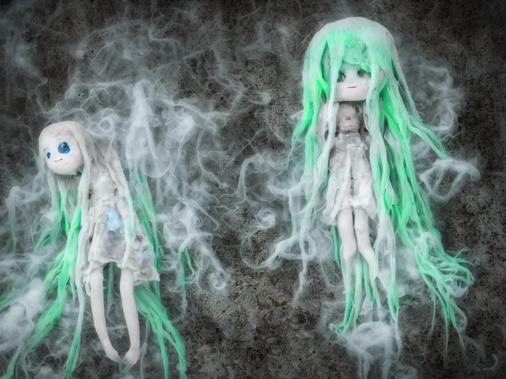 Image similar to cute fumo plush smiling ectoplasmic jellyfish ghost girl lingering in a mysterious concrete organic ruin, patchwork doll chibi gothic maiden in tattered melting rags, glowing wisps of hazy green smoke and eerie blue volumetric fog swirling about, moonlight, glowing lens flare, black and white, vray