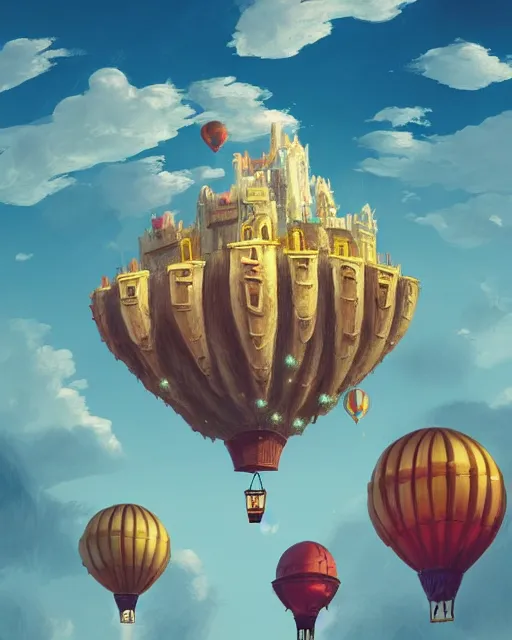 Image similar to flying cloud castle, buildings, baloons, machines, bright, blue sky, mountains, colorful, cinematic lighting, fantasy, high detail, illustration, masterpiece, artstation, 4 k, art by wylie beckert