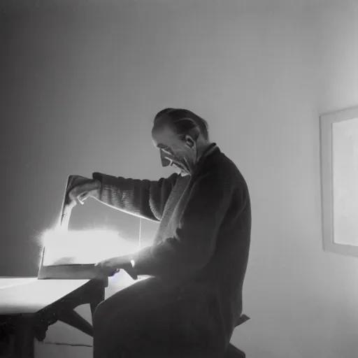 Image similar to a long exposure shot of Marcel Duchamp working on a readymade object, archival pigment print