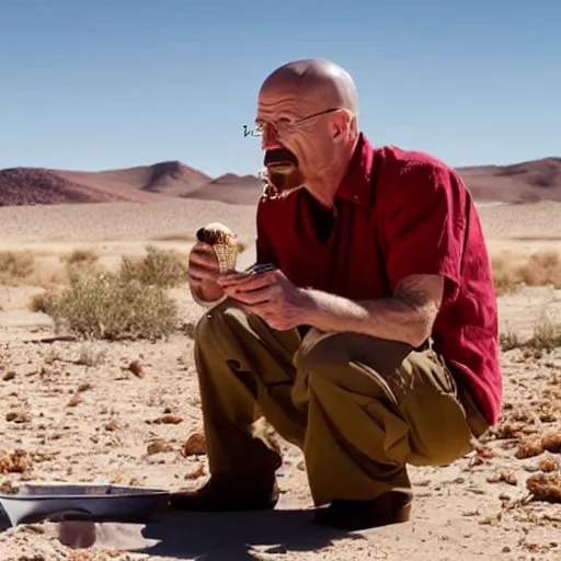 Image similar to Walter White eating ice cream in the middle of the desert