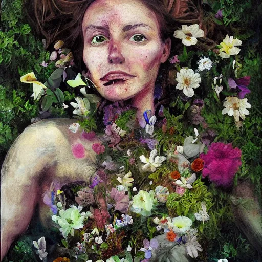 Image similar to portrait of a beautiful woman corpse covered in flowers in the middle of a Forest, ray gods, oil paint,