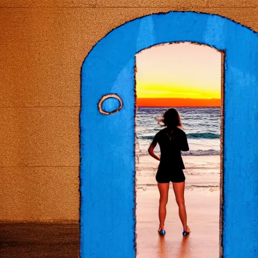 Image similar to a woman facing a oval blue energy portal on the street, which shows a beach at sunset