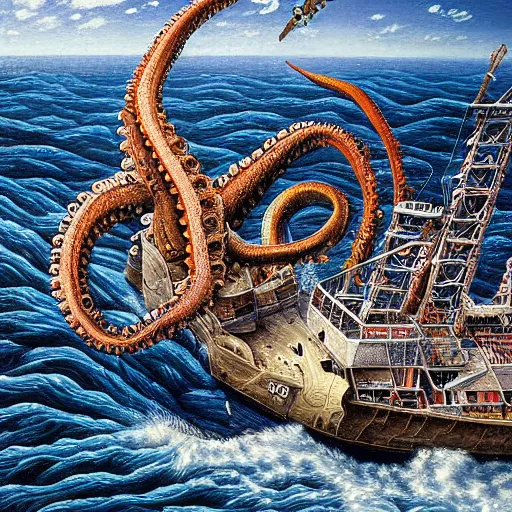 Image similar to hyper detailed painting of a ship being sunk by a giant octopus