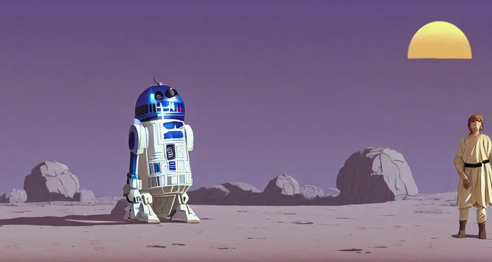 Image similar to beautiful wide shot tatooine landscape obi wan kenobi Luke skywalker R2-D2 in Star Wars a new hope 1977 by studio ghibli, Miyazaki, studio ghibli, Jean girard, Moebius , animation, golden hour, highly detailed, 70mm