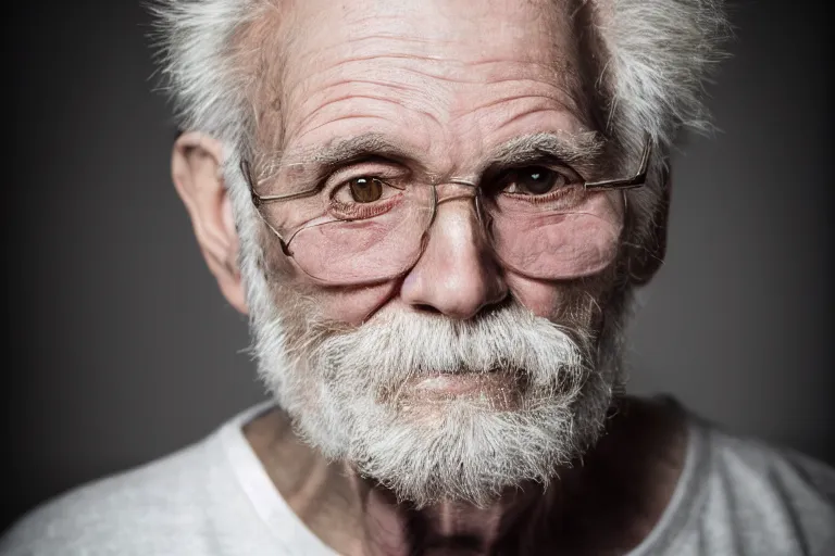 Prompt: a theatrical portrait headshot photograph of an old man looking at the camera, ultra high detailed, realistic, hair light, key light, by peter hurley