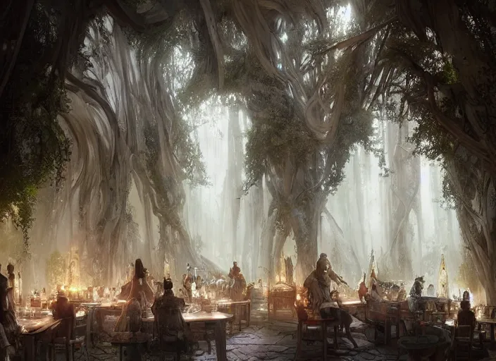 Image similar to Inside a tavern in a beautiful elven city made of white marble, anime, lush trees, a fantasy digital painting by Greg Rutkowski and James Gurney, trending on Artstation, highly detailed