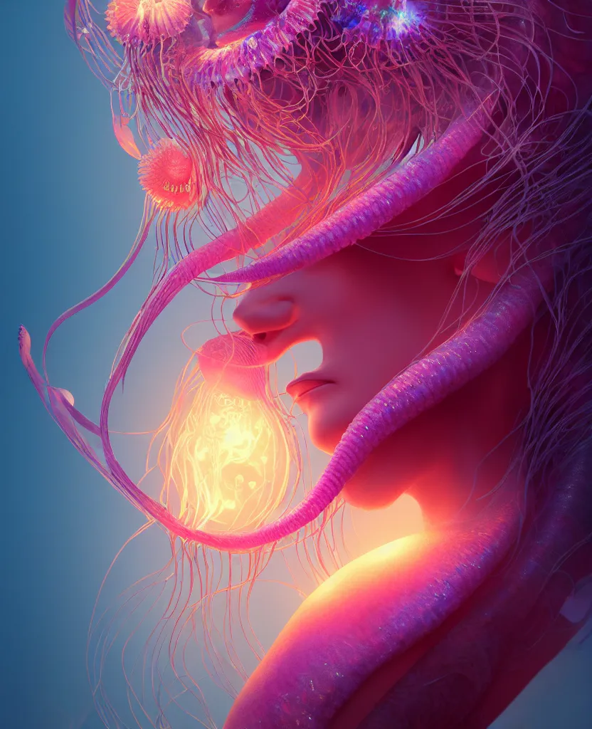 Image similar to goddess close-up portrait. orchid jellyfish phoenix head, nautilus, skull, betta fish, bioluminiscent creatures, intricate artwork by Tooth Wu and wlop and beeple. octane render, trending on artstation, greg rutkowski very coherent symmetrical artwork. cinematic, hyper realism, high detail, octane render, 8k