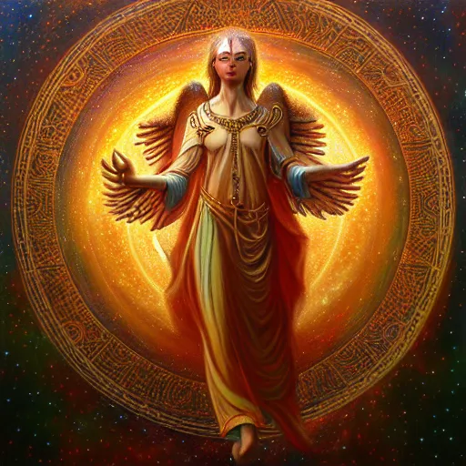Image similar to god of angels metaverse made of ancient magic technology, galactic nebular astral realm sacred journey in oil painting, trending on artstation, award winning, emotional, highly detailed surrealist art
