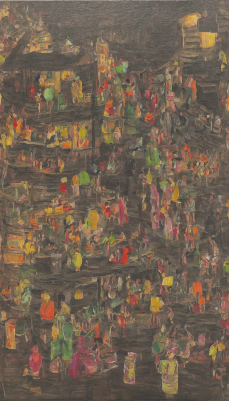 Image similar to pagoda, people drinking tea and paper lanterns, oil on canvas