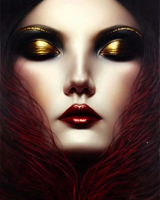 Prompt: portrait of a beautiful goddess, enigmatic beauty, dominant shades of black, gold silver, dark red, white, head in focus, fantasy art, ornamental aesthetics, intricate, elegant, highly detailed, hyperrealistic, artstation, concept art, soft illumination, painterly, sharp focus, art by karol bak