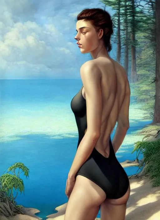 Image similar to in a stylish black swimsuit, on the sandy beach of a blue lake in a pine forest, hyperrealism, no blur, 4 k resolution, ultra detailed, style of tyler edlin, tom bagshaw, arthur rackham, ivan shishkin