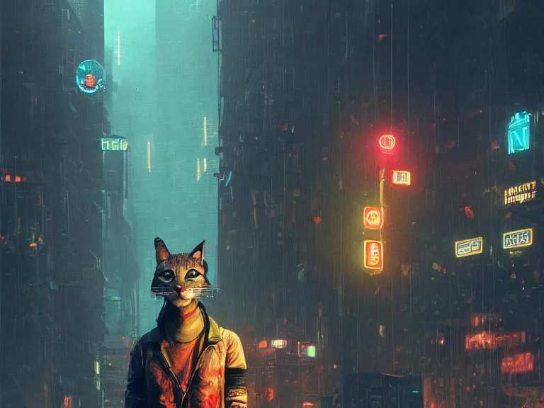 Image similar to new york city portrait of furry anthro anthropomorphic cat head animal person fursona wearing clothes strange cybernetic muzzle gloomy rainy screenshot from the video game cyberpunk 2077 digital art by Greg Rutkowski, Simon Stalenhag, christopher nolan trending on Artstation, CGSociety