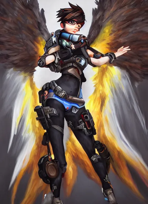 Image similar to full body oil painting of tracer overwatch in the style of sophie anderson, angel wings, black garment, dramatic painting, wearing steel collar,