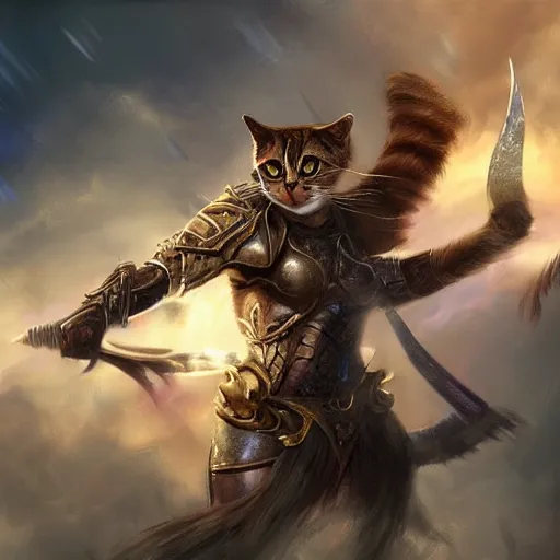 Image similar to a hyper realistic cat warrior, ultra detailed, magic the gathering art, digital art, cinematic, studio lighting, background battlefield, fantasy,