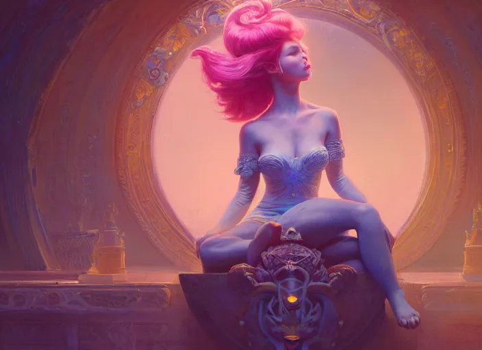 Image similar to wide view picture of a extremely beautiful and aesthetic girl, sitting on the throne, centred position, bright hair, floating greed cubes on the background, lighting eyes, magic circle on the hand, magic and fantasy, highly detailed cute face, specular reflection, occlusion shadow, intricate, masterpiece, by ilya kuvshinov and jeremy lipking and quentin mabille