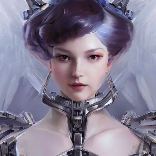 Image similar to A masterpiece portrait of a iron princess menacing girl with tall white amazing victorian wig with mecha wings. trending on artstation, digital art, by Stanley Artgerm Lau, WLOP, Rossdraws, James Jean, Andrei Riabovitchev, Marc Simonetti, Yoshitaka Amano